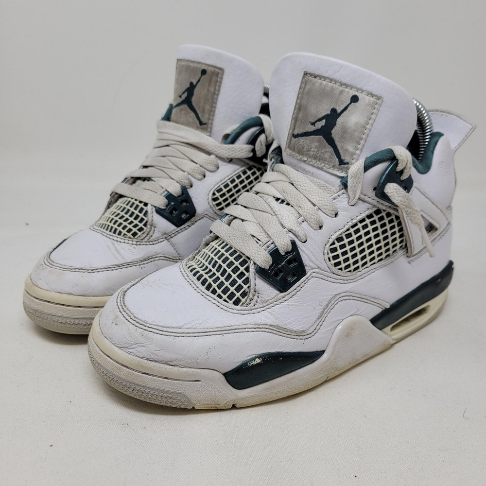 Jordan Air 4 Retro Shoe Youth Size 3.5Y White Teal Basketball Sneaker FQ8213-103